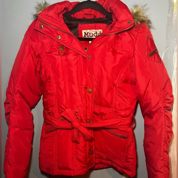 VINTAGE Mudd Red Puffer Jacket with Detachable Faux Fur Hood, Y2K, medium - Picture 8 of 11